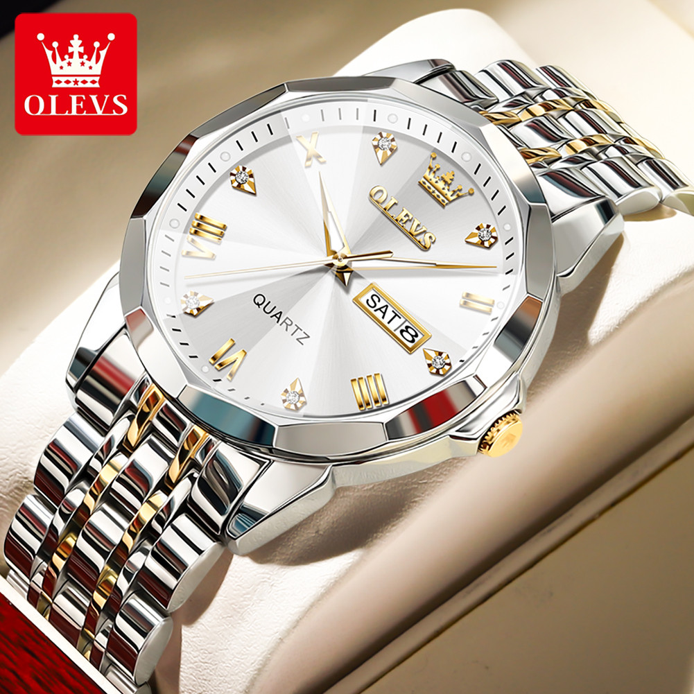 OLEVS 9931B Quartz Watch for Men Dual Calendar Luxury Diamond-Cut Dial Waterproof Stainless Steel Strap Men Wristwatch