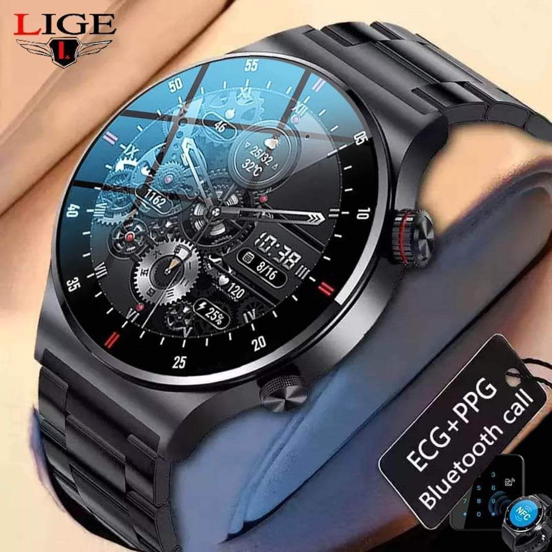 LIGE QW33 NFC, BP, ECG, PPG Functions, Heart Rate Full Touch Sports Fitness Watches Bluetooth Call, Health Features, Smart Watch For Men's