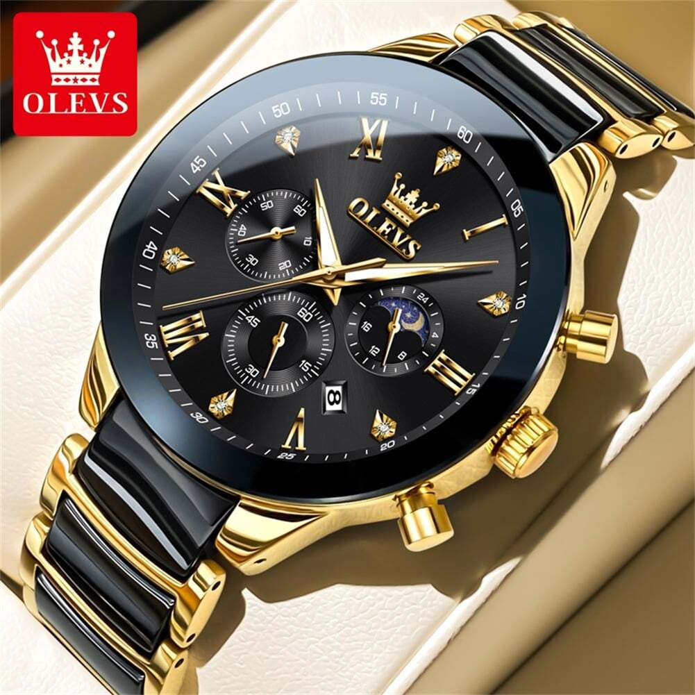 OLEVS 7004 Men's Watches Ceramic Band Chronograph Date Luminous Waterproof Luxury Quartz Watch Man TOP Brand Wristwatch