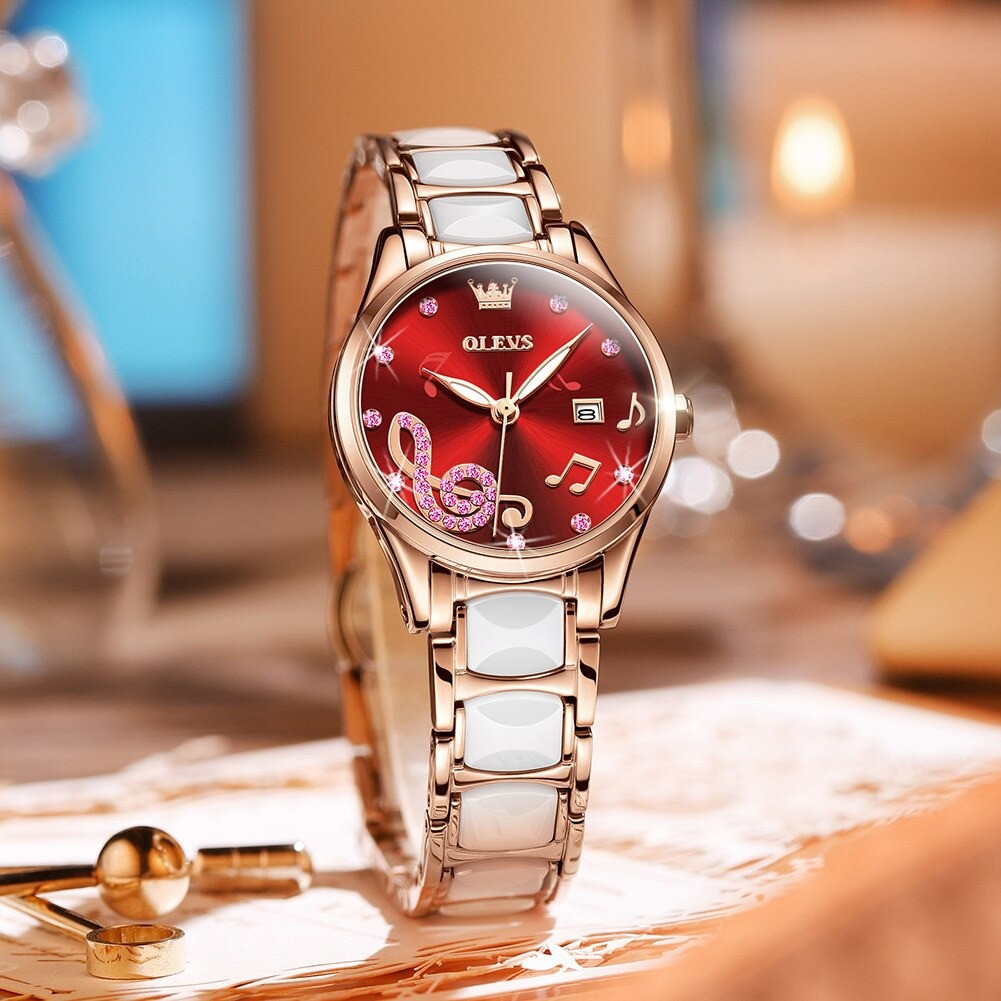 OLEVS 3605 Luxury Women's Fashion Simple Temperament Stainless Steel Ceramic Strap Quartz Watch Rose Gold White & Red