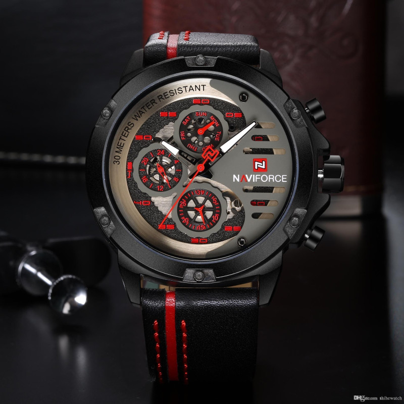 NAVIFORCE 9110 Black Red Men’s Fashion Genuine Leather Belt Quartz Watch for Men's