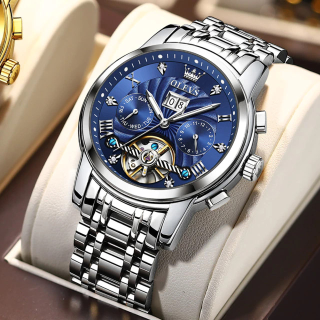 OLEVS 9910 Blue Silver Men's Automatic Mechanical Tourbillon Slef-Wind Luxury Stainless Steel Watch