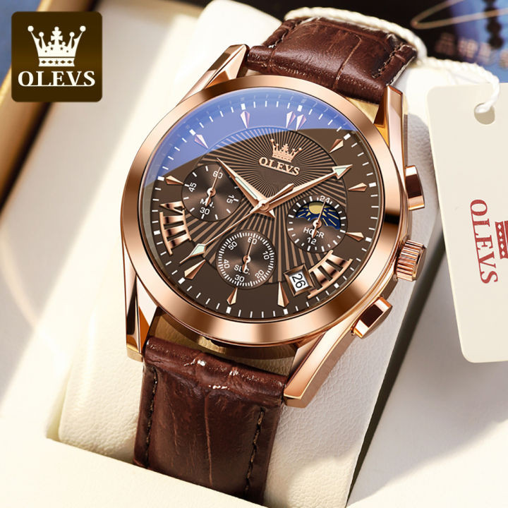 OLEVS 2876 Brown Waterproof Genuine Leather Belt Quartz Watch for Men’s