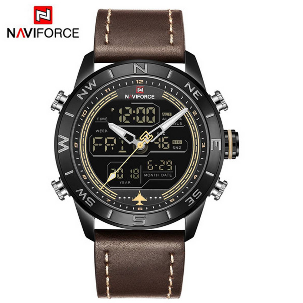 NAVIFORCE 9144 Black Brown Luxury Brand Sports LED Analog Digital Dual Display Watch for Men's