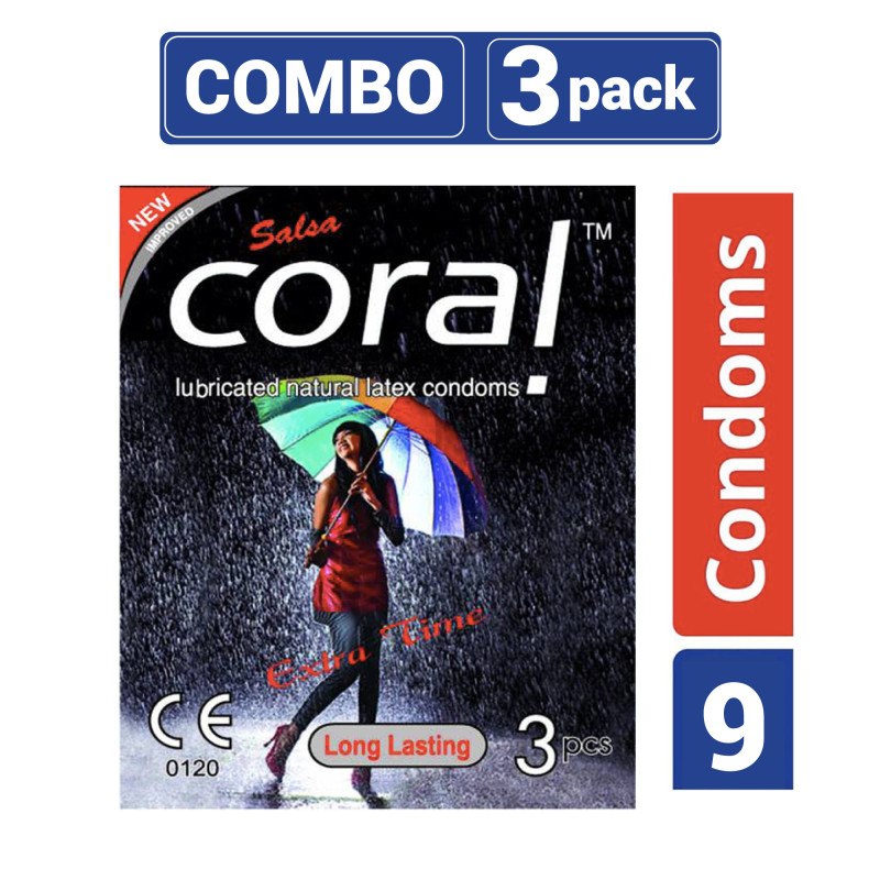 Coral Lasting Extra Time Lubricated Natural Latex Condom - 3 Packs Combo=9Pcs Condoms