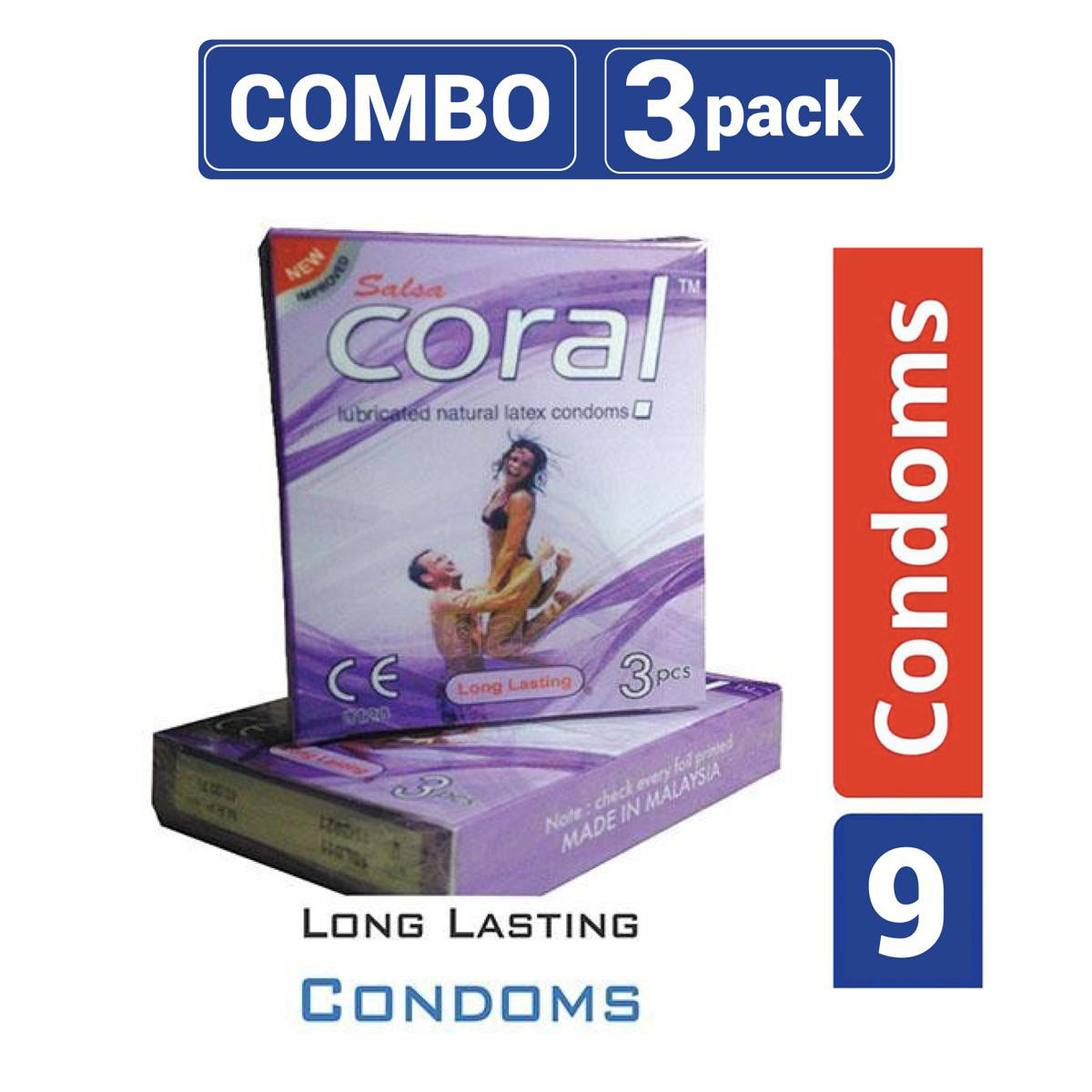 Coral Long Lasting Lubricated Natural Latex Condom 3packx3=9pcs