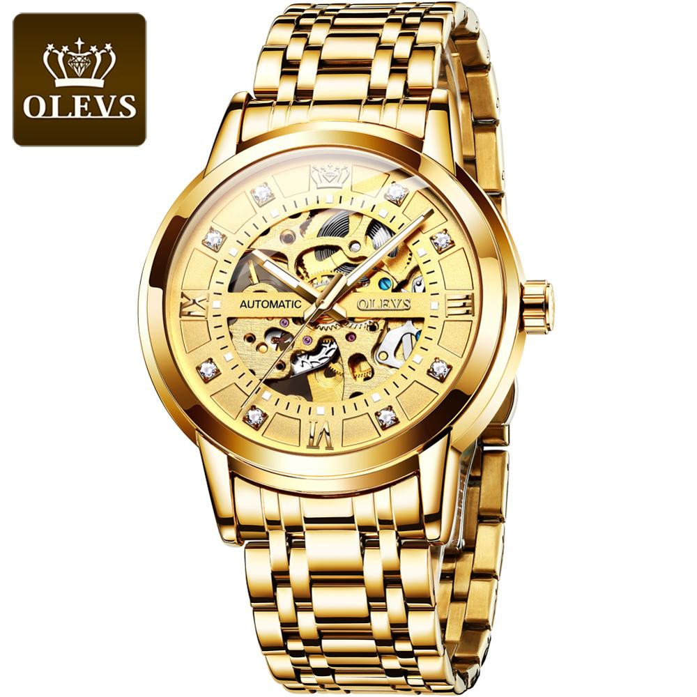 OLEVS 9901 Luxury Hollowing Automatic Mechanical Wristwatch Waterproof Luminous Stainless Steel Fashion Watch for Man's-Golden