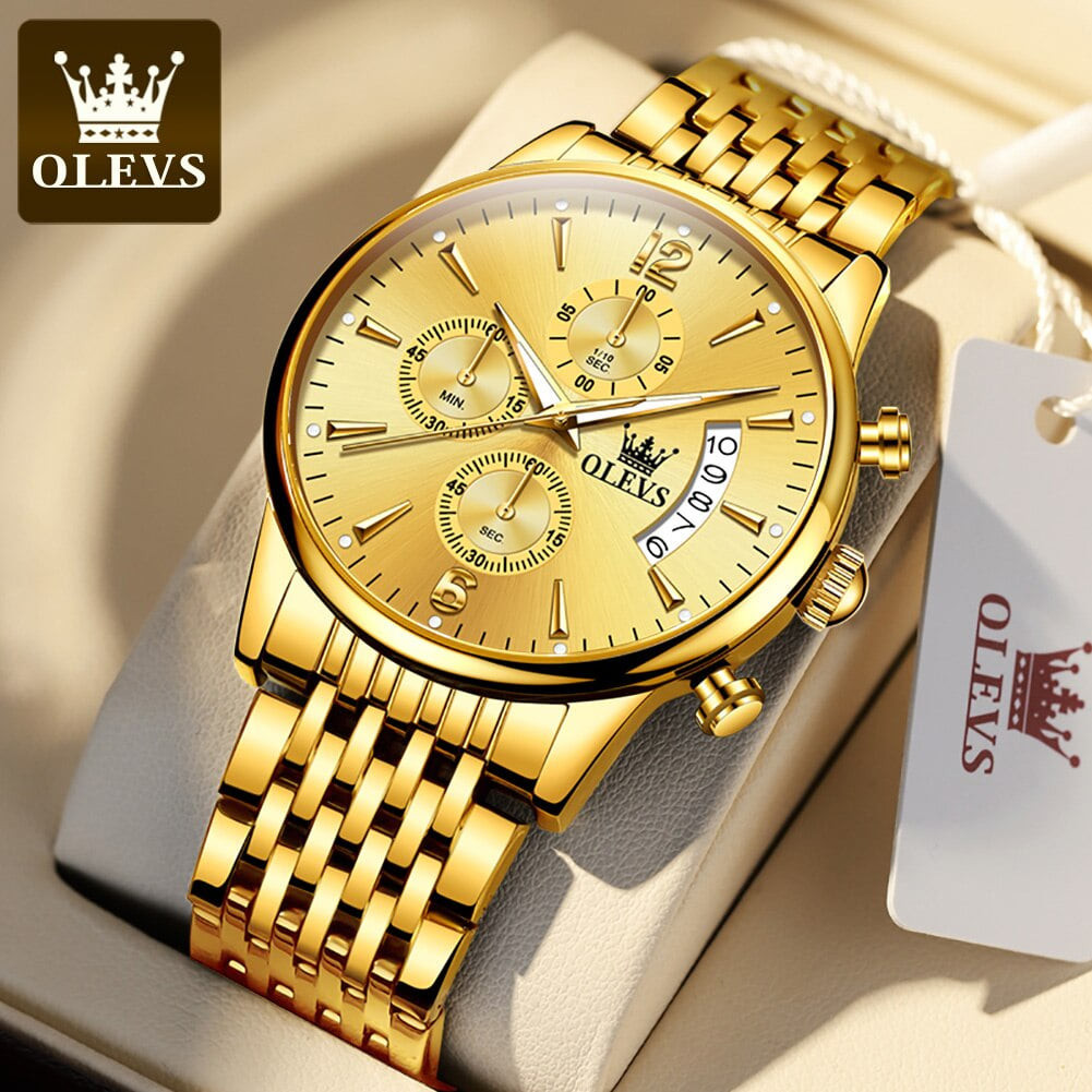 OLEVS 2867 Quartz Waterproof Chronograph Stainless Steel Watch For Man's- Golden