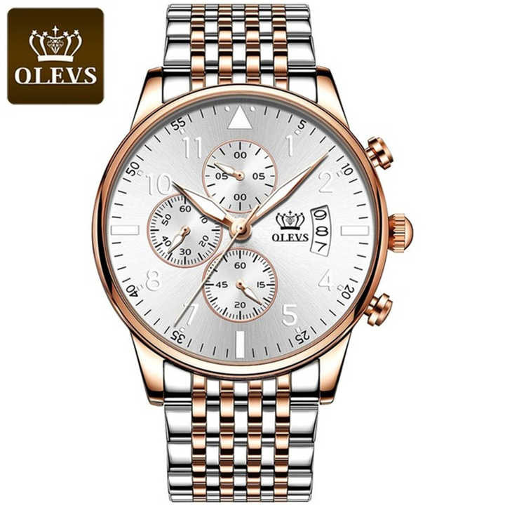 OLEVS 2869 Quartz Waterproof Chronograph Stainless Steel Watch For Man's- Rose Gold & Silver