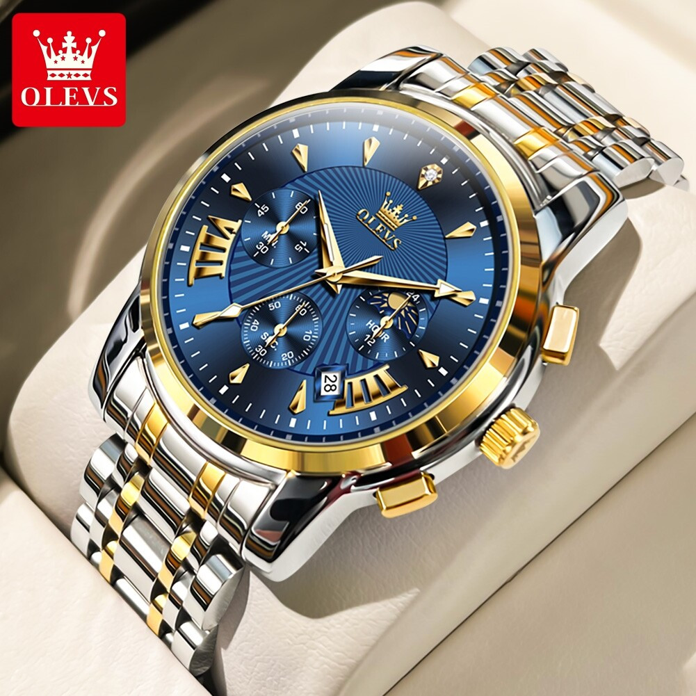 OLEVS 2892 Stainless Steel Waterproof Fashion Chronograph Silver Gold Blue Dial Quartz Watch For Men's