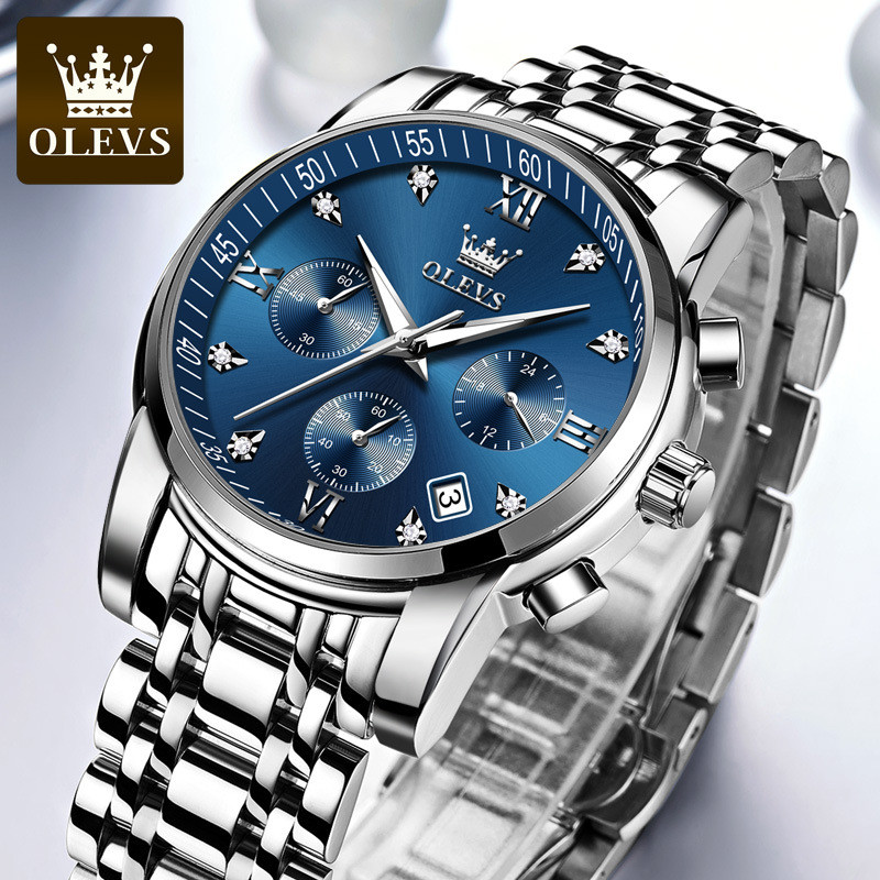 OLEVS 2858 Quartz Waterproof Stainless Steel Watch For Man's- Silver & Blue Dial