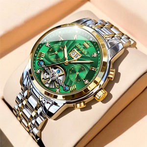 OLEVS 9910 Premium Automatic Mechanical Green Golden Wrist Watch for Men's