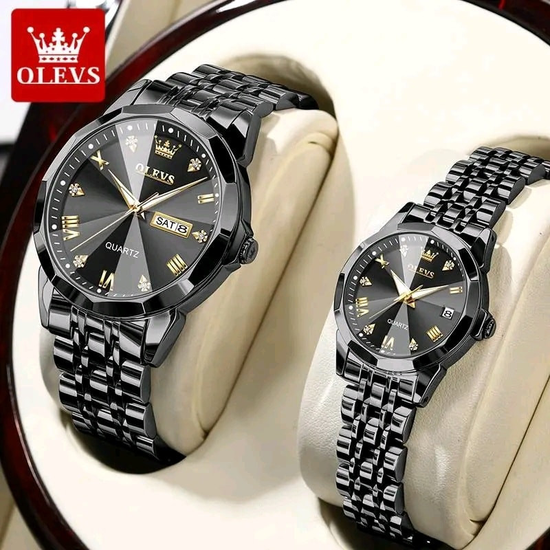 OLEVS 9931 Black Couple Set Rhombus Design Stainless Steel Quartz Watch