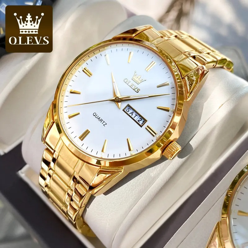 OLEVS 6898 Luminous Stainless Steel Waterproof Analog Quartz Watch for Men-Golden Silver