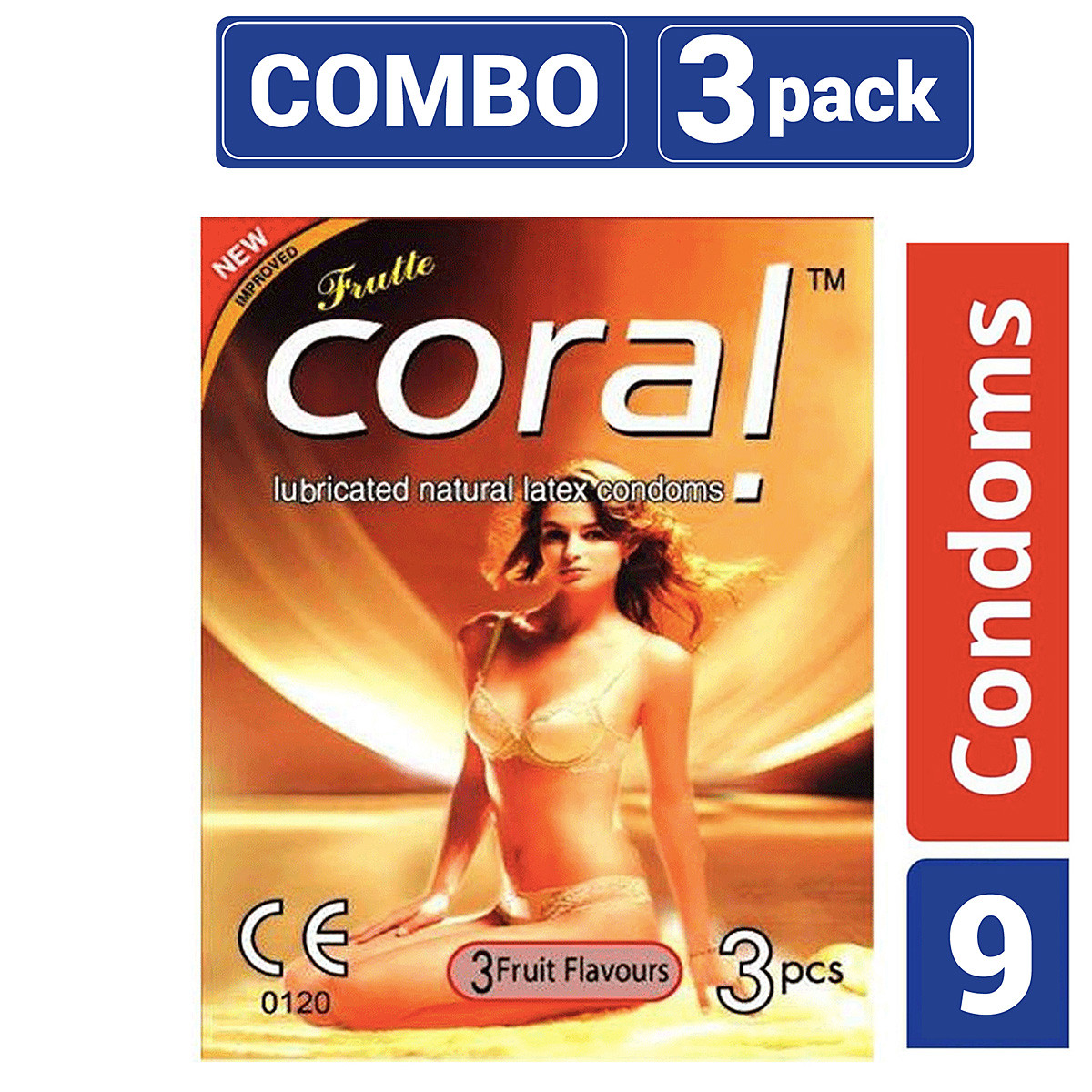 Coral 3 Fruits Flavors Lubricated Natural Latex Condoms 3 Pack Combo - 9 Pcs - Condoms