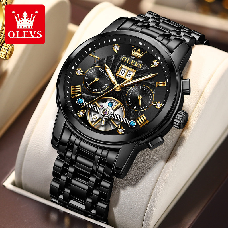 OLEVS 9910 Black Men's Automatic Mechanical Tourbillon Slef-Wind Luxury Stainless Steel Watch