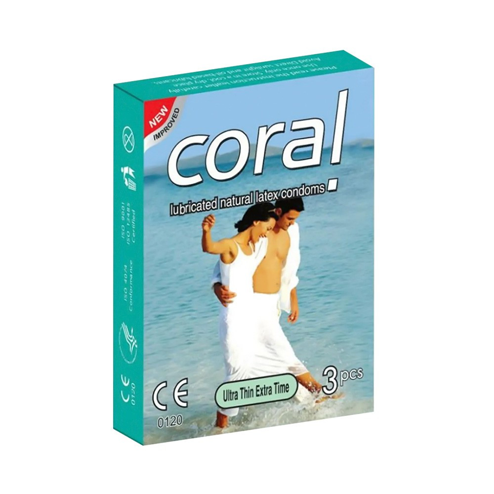 Coral Ultra Thin Extra Time Lubricated Natural Latex Condoms-3pcs