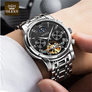 Olevs 6617 Silver Black Luxury Mechanical Watch For Men