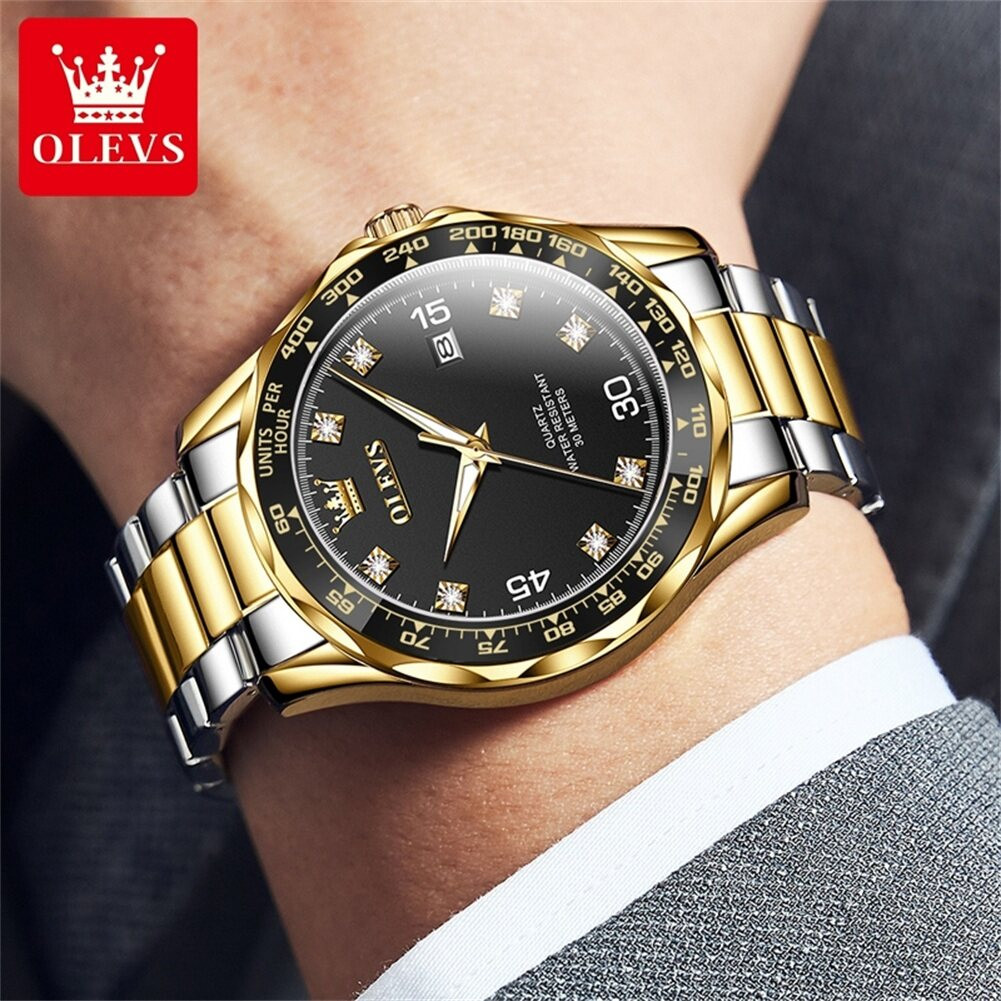 OLEVS 9988 Stainless Steel Analog Wrist Watch For Men- Black Golden