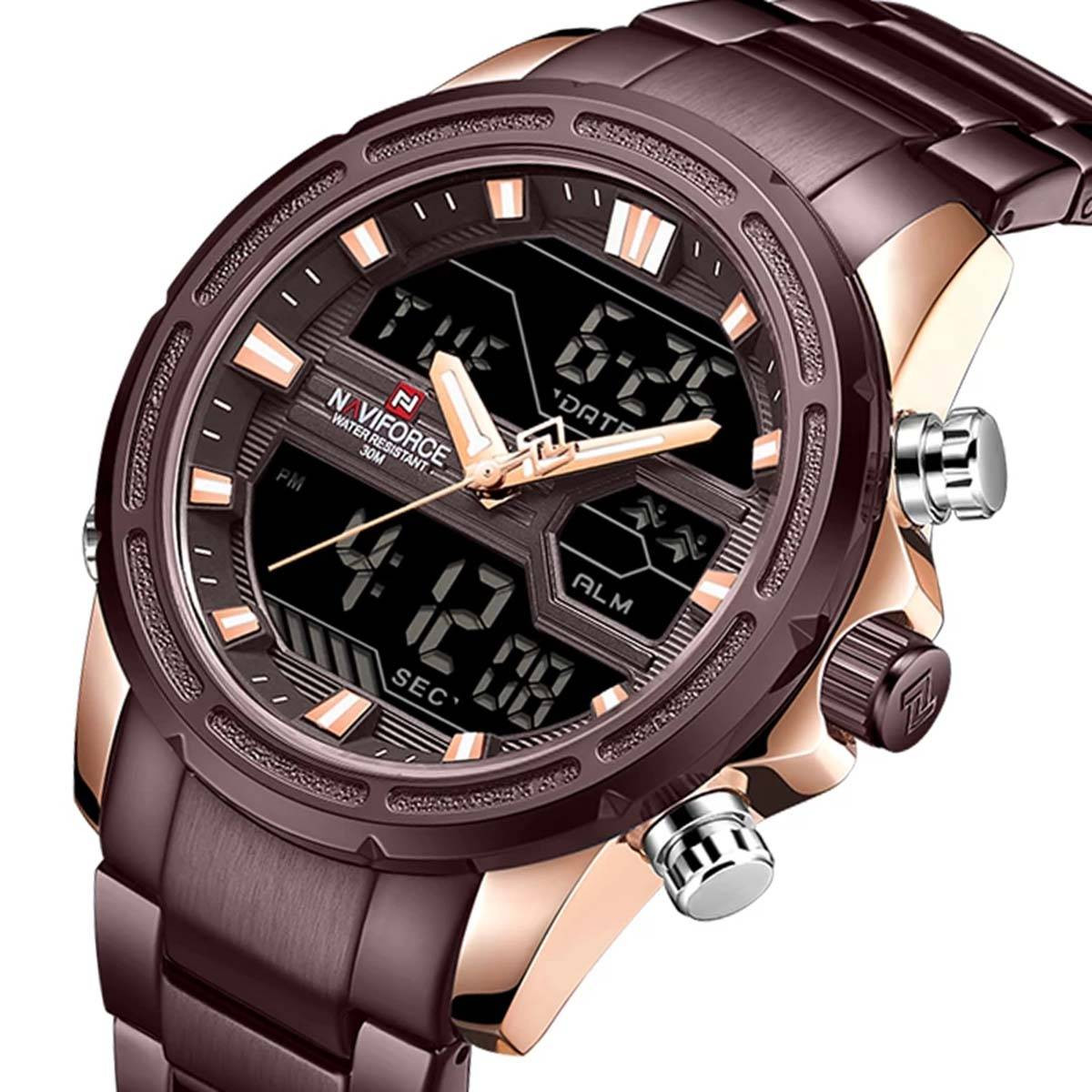 NAVIFORCE 9138 Bronze Stainless Steel Dual Time Wrist Watch For Men's - Rose Gold & Bronze