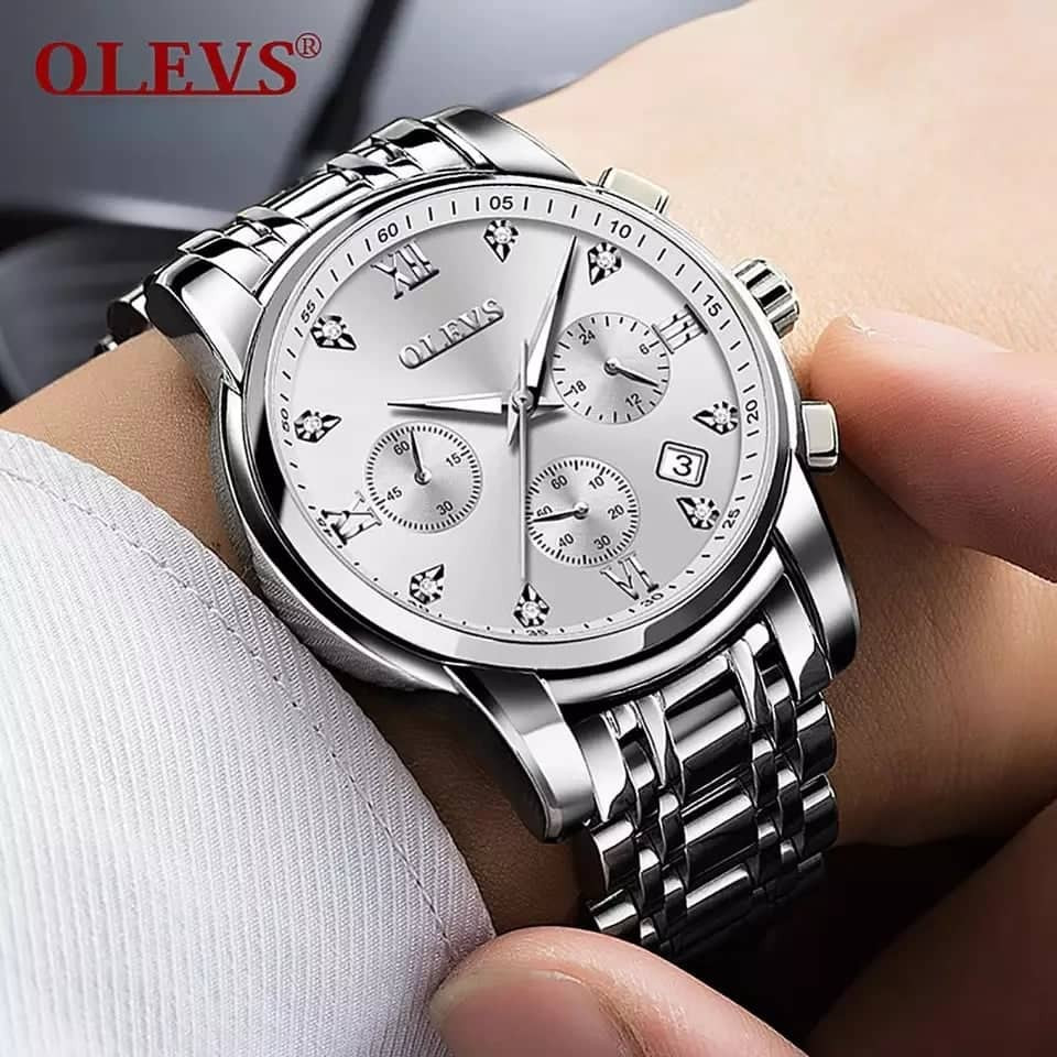 OLEVS 2858 Quartz Waterproof Stainless Steel Watch For Man's- Full Silver