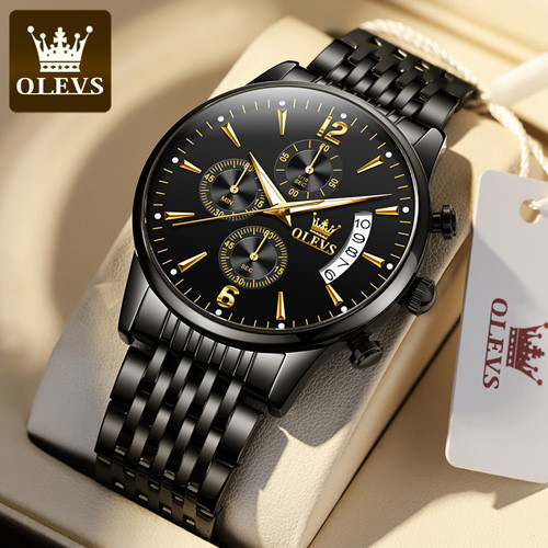 OLEVS 2867 Black Stainless Steel Chronograph Waterproof Wrist Watch For Men's