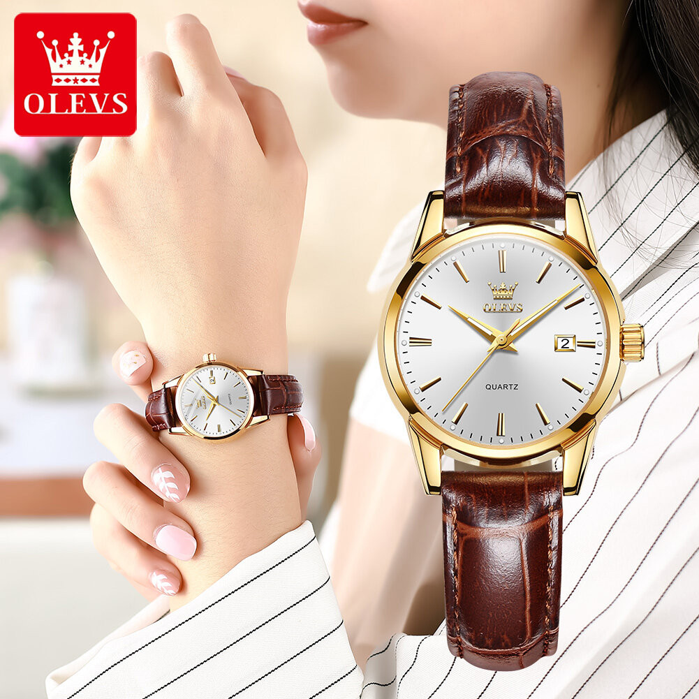 OLEVS 6898 Silver Dial Genuine Leather Watch For Women