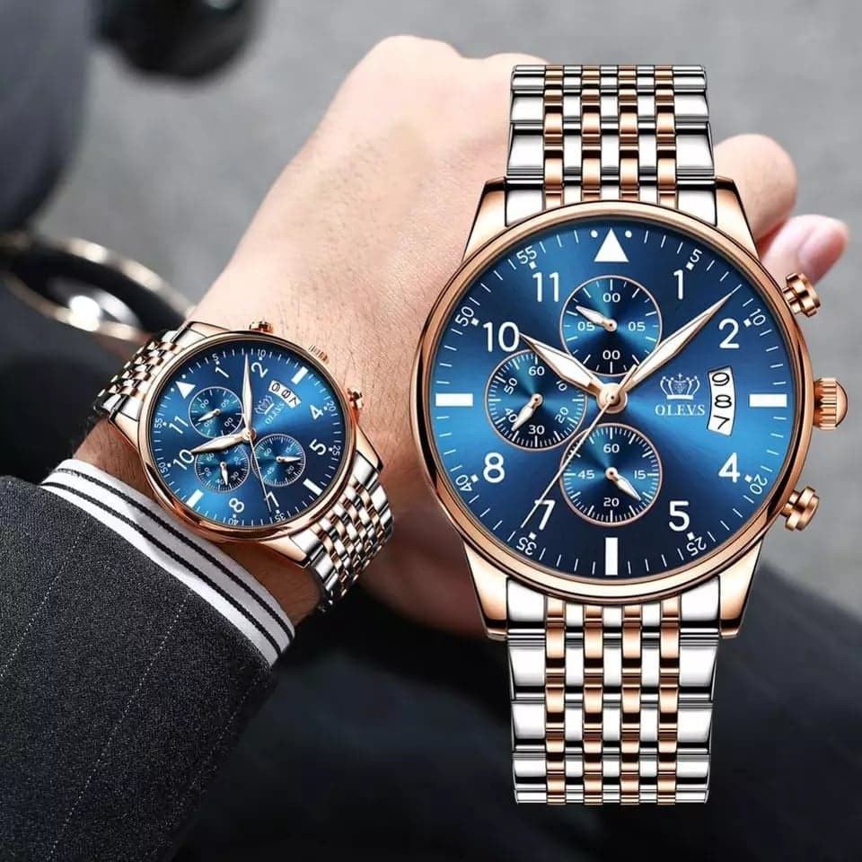 OLEVS 2869 Quartz Waterproof Chronograph Stainless Steel Watch For Man's- Blue Dial