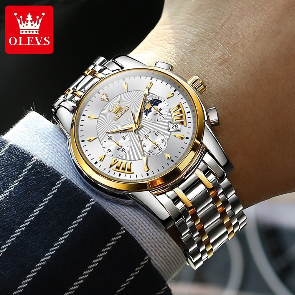 OLEVS 2892 Stainless Steel Waterproof Fashion Chronograph Silver Golden Quartz Watch For Men's