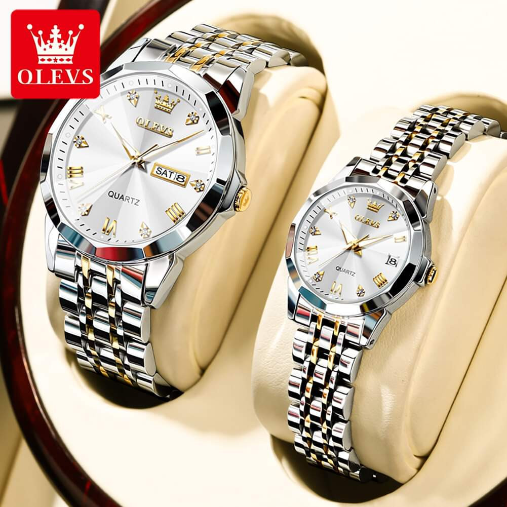 OLEVS 9931 Silver & Golden Couple Set Rhombus Design Stainless Steel Quartz Watch