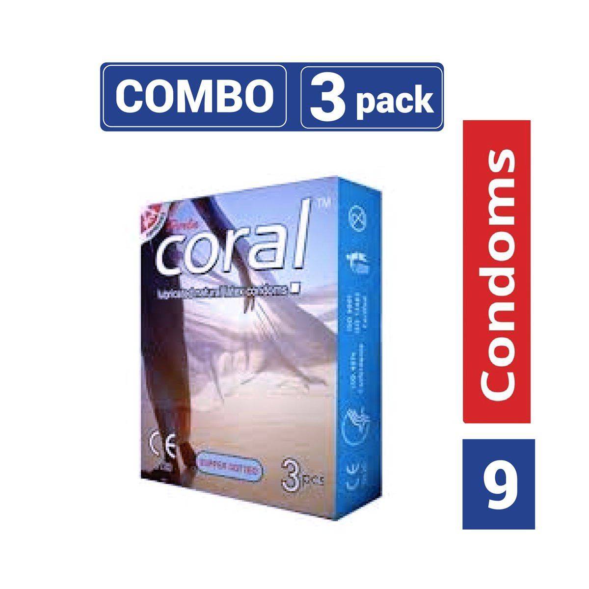 Coral Super Dotted Lubricated Natural Latex Condoms- Combo 3 Packs 3x3=9pcs