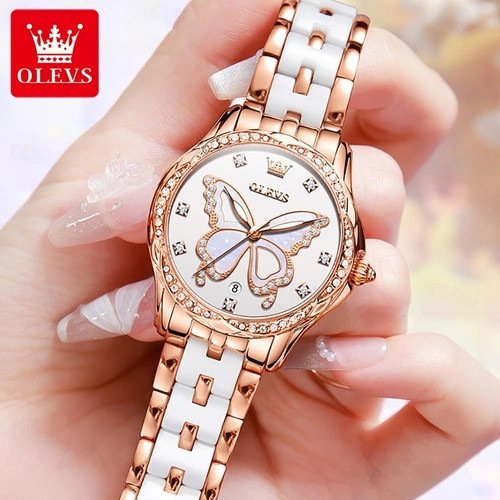 OLEVS 5610 Women's Quartz Ceramic Butterfly Diamonds Strap Waterproof Luminous Calendar Ladies Casual Wristwatch- White