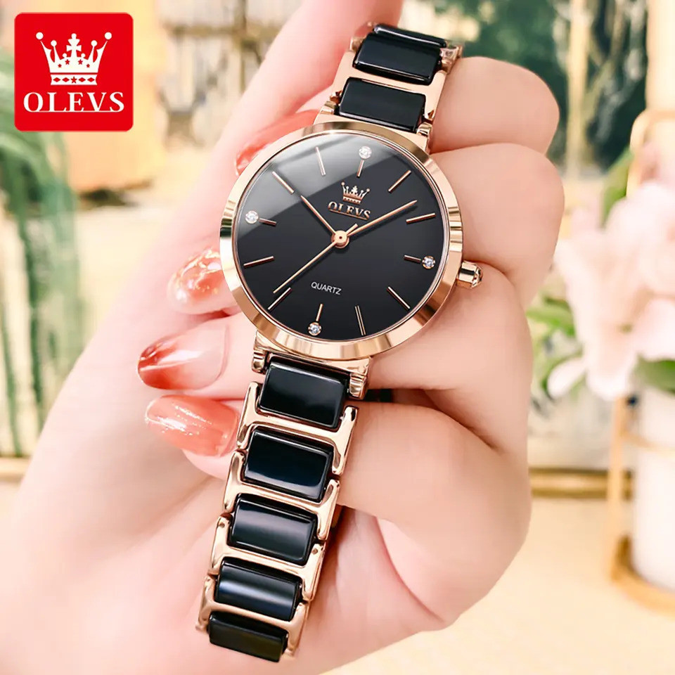 OLEVS 5877 Premium Quality Ceramics Watchstrap Analog Wrist Watch For Women- Black