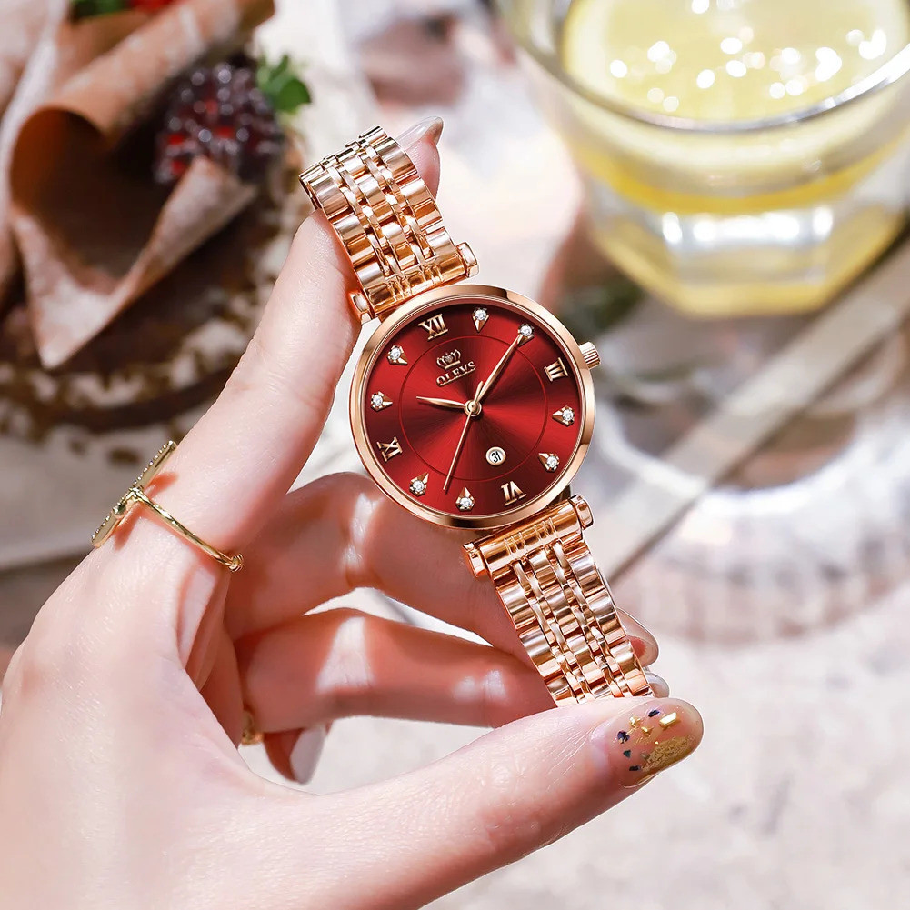 OLEVS 5866 Ladies Stainless Steel Waterproof Rose Gold and Red Luxury Watches