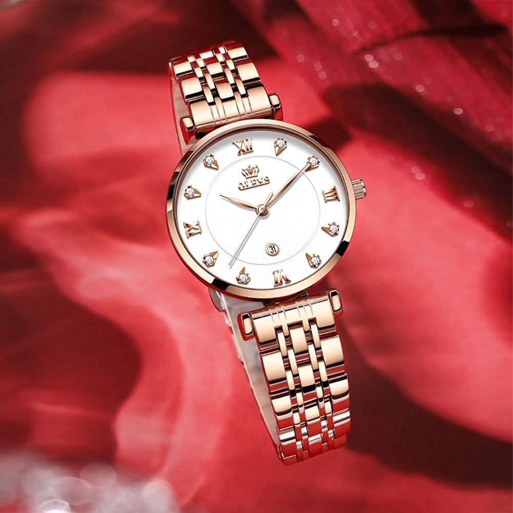 OLEVS 5866 Ladies Stainless Steel Waterproof Rose Gold and White Luxury Watches