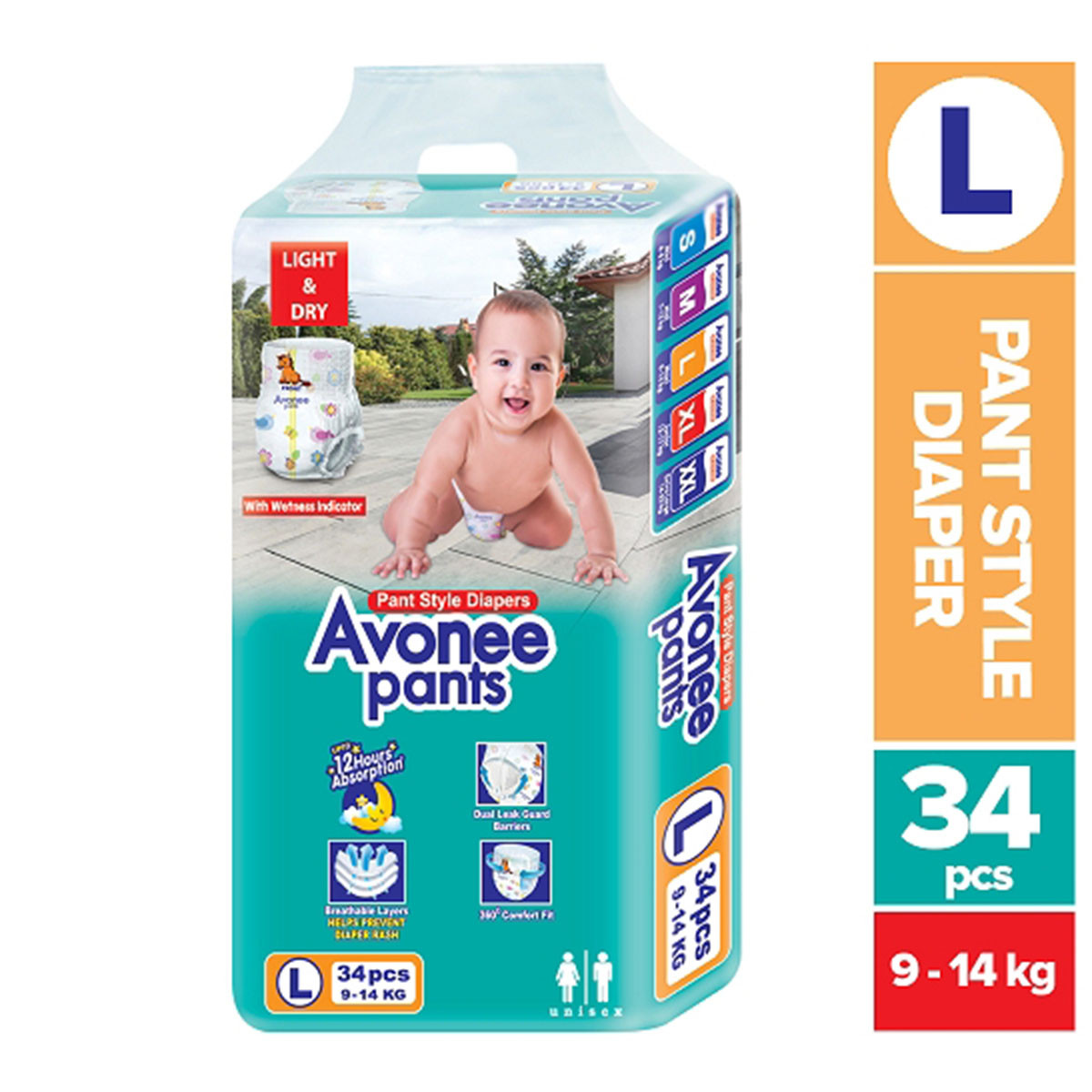 Avonee Baby Pant Style Diaper Large-L (9 - 14 Kg) 34 Pcs