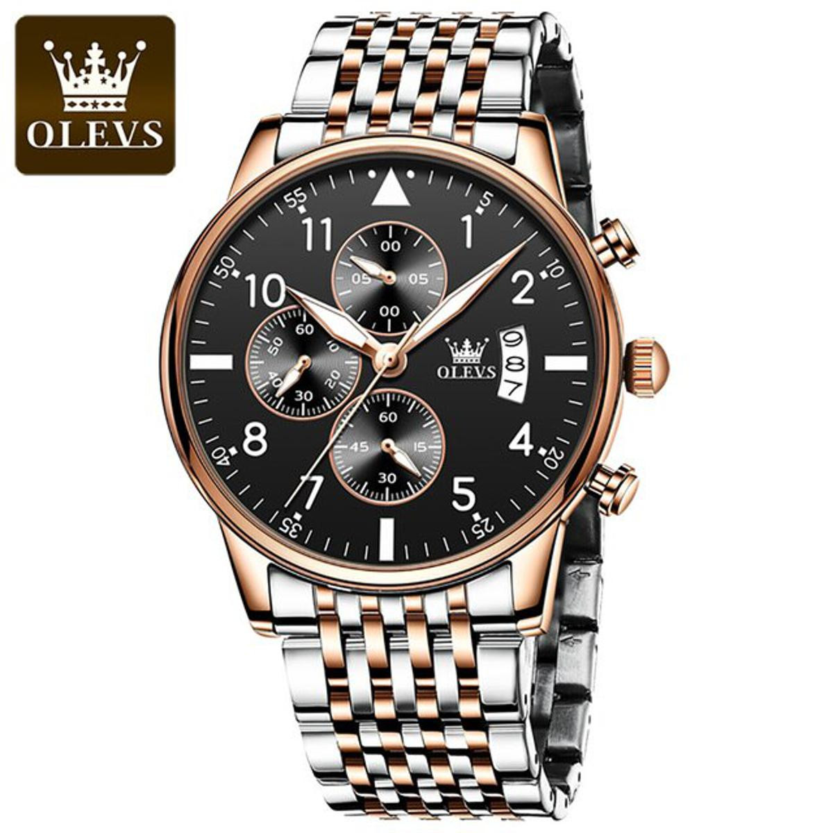 OLEVS 2869 Quartz Waterproof Chronograph Stainless Steel Watch For Man's- Black Dial