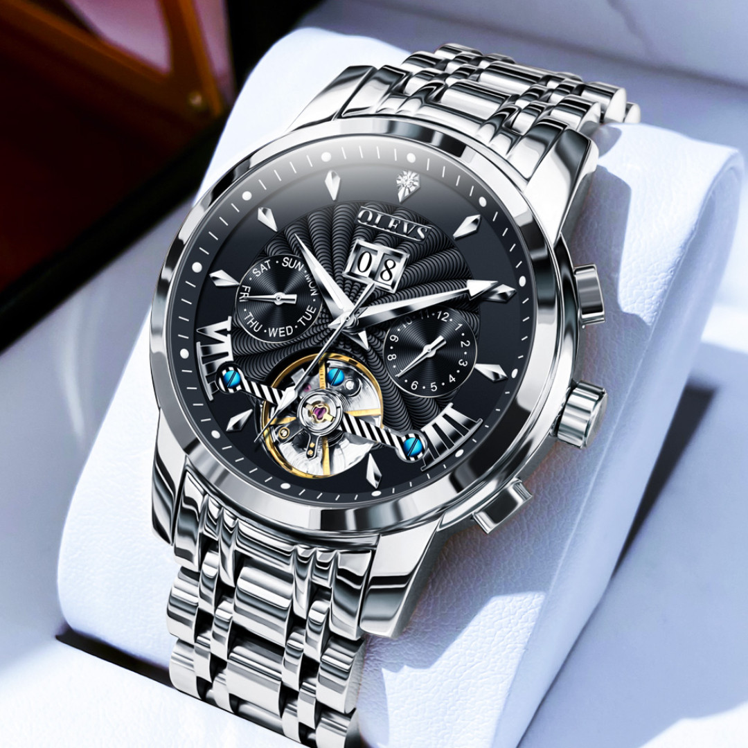 OLEVS 9965 Luxury Automatic Mechanical Stainless Steel Waterproof Watch for Men-Silver Black