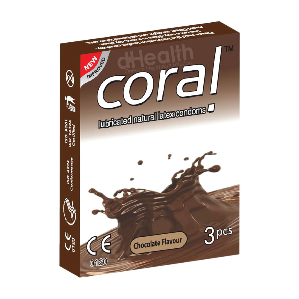 CORAL Chocolate Flavors Lubricated Natural Latex Condoms (Malaysia)- 1pack=3pcs * 3 pack= 9 Pcs