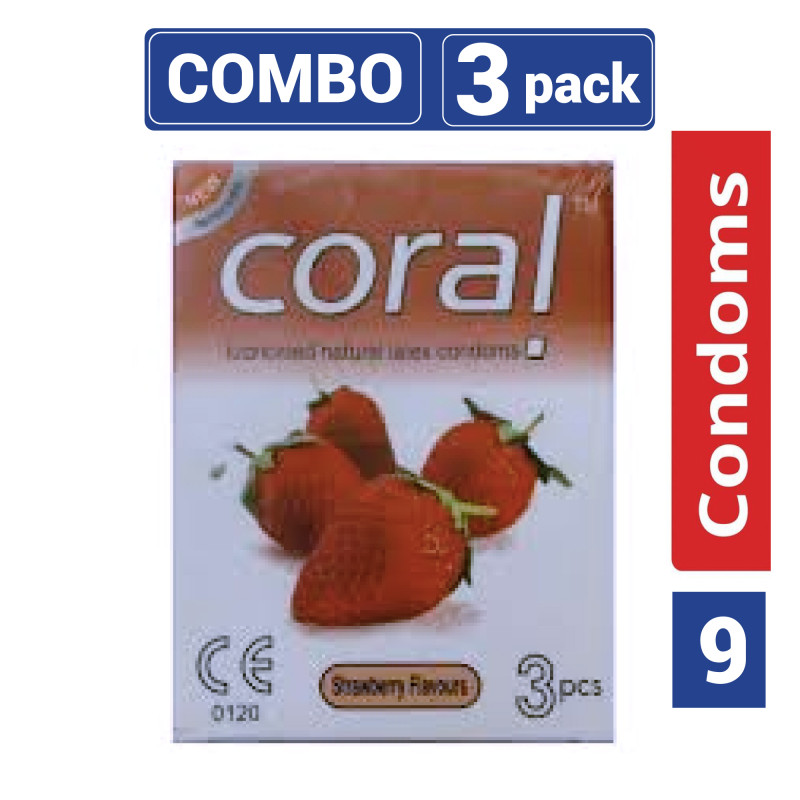 Coral Strawberry Flavor Condoms 1pack=3pcs*3pack= 9 Pcs