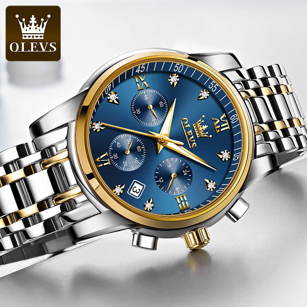 OLEVS 2858 Quartz Waterproof Stainless Steel Watch For Man's- Silver, Gold Chain & Blue Dial