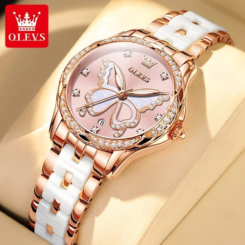 OLEVS 5610 Women's Quartz Ceramic Butterfly Diamonds Strap Waterproof Luminous Calendar Ladies Casual Wristwatch- Rose Gold