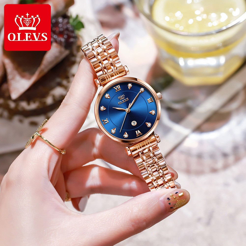 OLEVS 5866 Ladies Stainless Steel Waterproof Rose Gold and Blue Luxury Watches