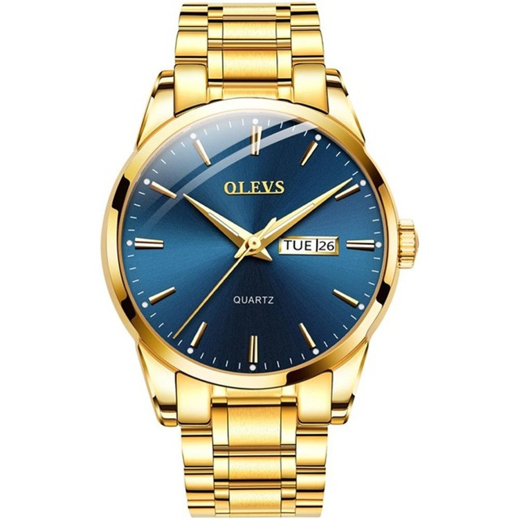 OLEVS 6898 Luminous Stainless Steel Waterproof Analog Quartz Watch for Men-Blue Golden