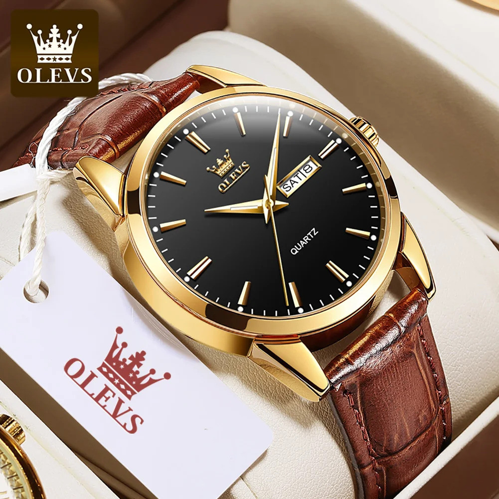 OLEVS 6898 Black Dial Waterproof Leather Belt Quartz Watch for Man's