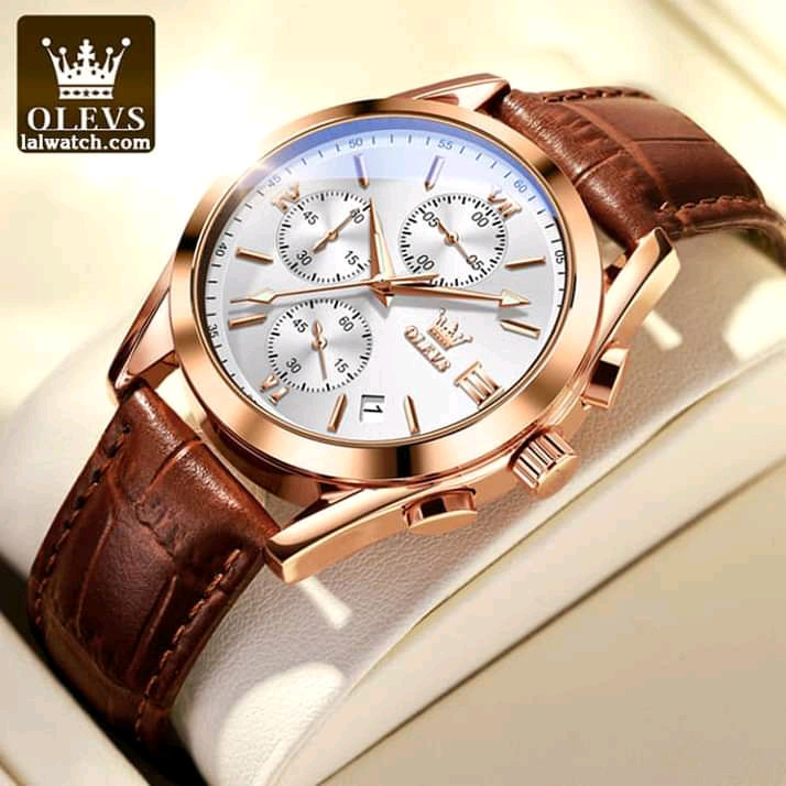 OLEVS 2872 Waterproof Genuine Leather Belt Quartz Wrist watch for Men's-Rose White