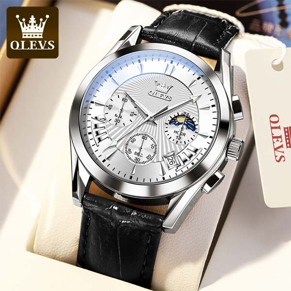 OLEVS 2876 Silver Black Waterproof Genuine Leather Belt Quartz Watch for Men’s