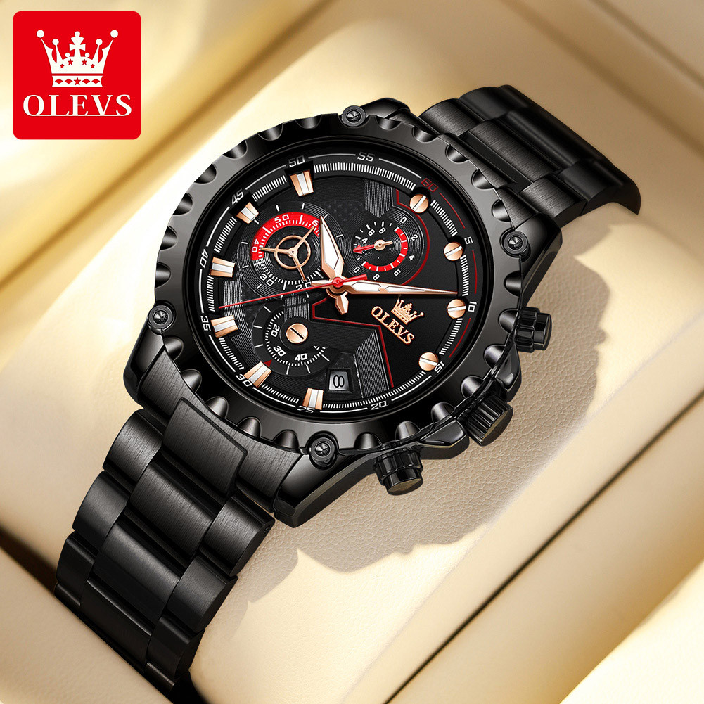 OLEVS 2873 Black Stainless Steel Waterproof Quartz Watch For Man's