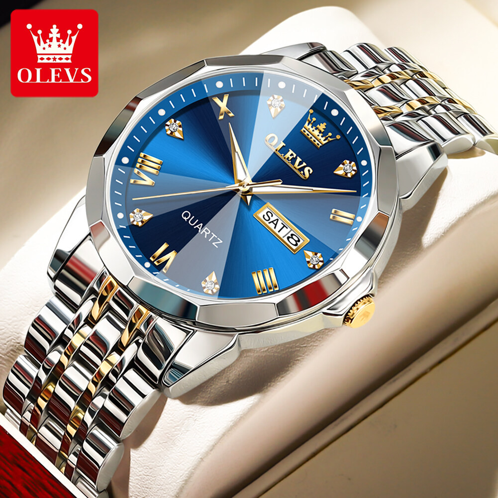 OLEVS 9931A Quartz Watch for Men Dual Calendar Luxury Diamond-Cut Dial Waterproof Stainless Steel Strap Men Wristwatch