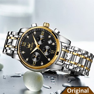 OLEVS 2858 Quartz Waterproof Stainless Steel Watch For Man's-Black Dial & Silver Golden Chain